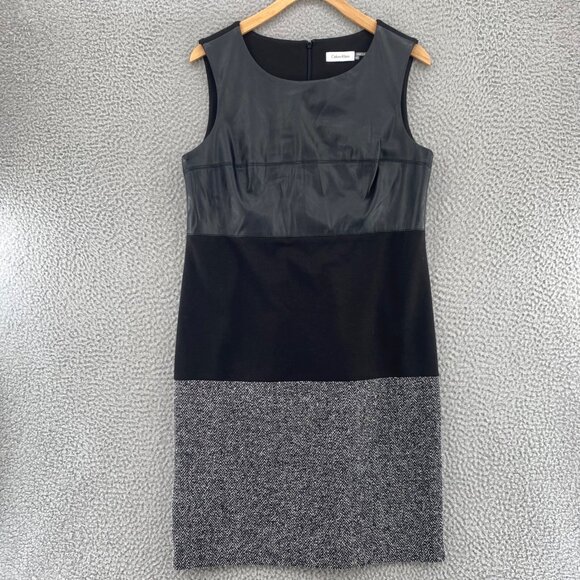 Calvin Klein Dress Womens 10 Black Colorblock PU Tweed Herringbone Shift Mini - Picture 1 of 9